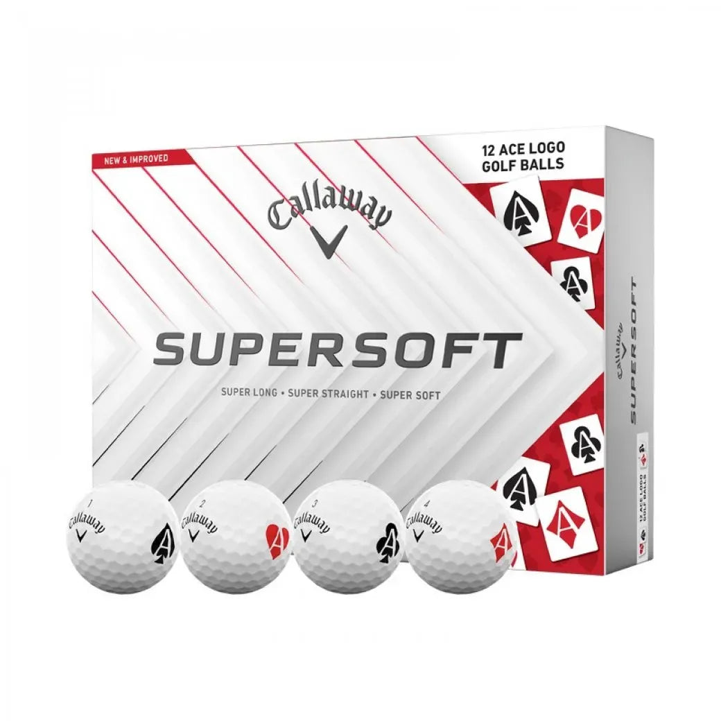 Callaway Supersoft golf balls packaging with four golf balls displayed in front.