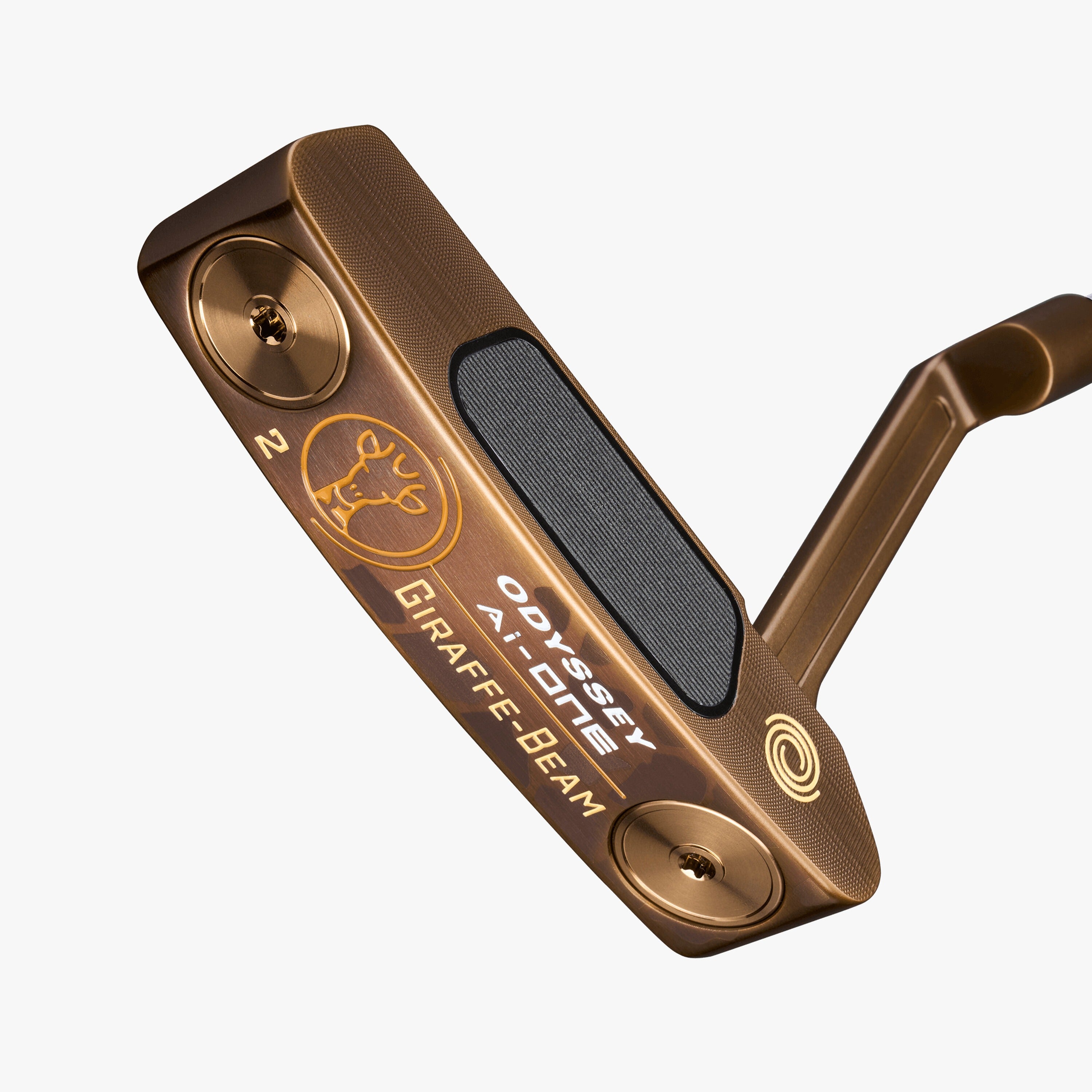 Brown golf putter with 'Odyssey' branding on a white background